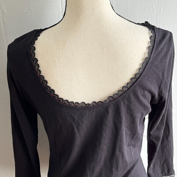 Boden Top Womens 6 Black Lace Trim Detail‎ Long Sleeves Cotton Blend Effortless - Picture 7 of 13